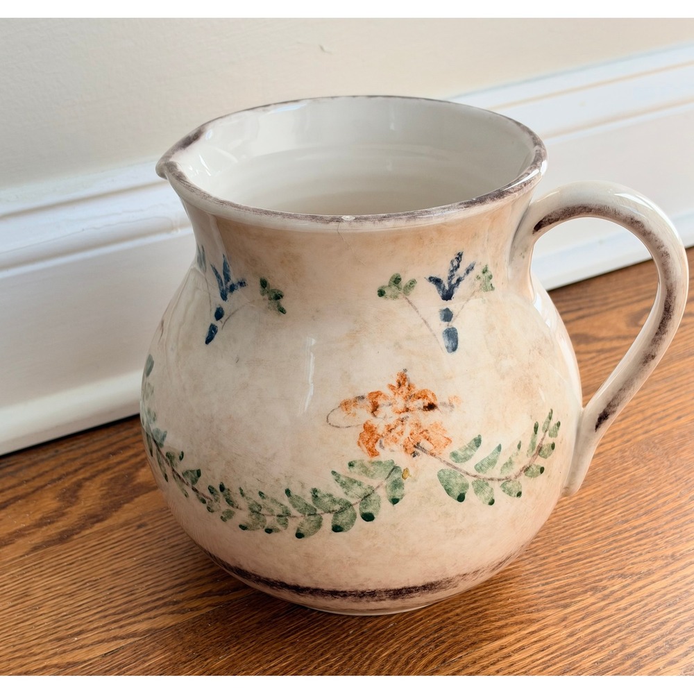 Arte Italica Medici Italian Ceramic Pitcher Hand Painted Floral Fleur de Lis